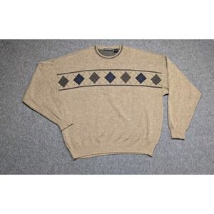 Vtg Sweater Mens Extra Large Tan Y2K Wool Blend Grandpa Argyle Retro Crewneck
